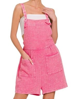 Zenana Pink Woven Double Gauze Acid Wash Knot Strap Romper Shortalls Size Small